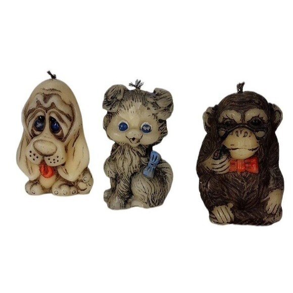 Vintage 70s Animal Delights Bassett Hound Dog, Monkey, and Cat Set of 3 Candles - Picture 1 of 8